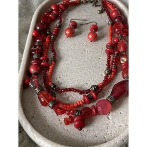 Red Multistrand Beaded Necklace & Earrings Set Boho Chunky Statement Mixed Beads